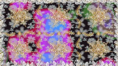 Doğu tarzı arabesk. Hassas altın deseni açın. Parlak dantel, stilize çiçekler, şal desenli. Gri renklerde, altın elementlerle kusursuz desen. Kusursuz altın desenli bukleler. Raster..