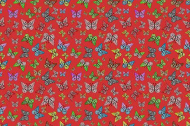 Giysi tarzı için siyah, turuncu ve gri arkaplan üzerine dekorasyon. Farklı renkte kelebeklerden kusursuz. Fantezi renkli resimler koleksiyonu. Tasarım için kelebekler.