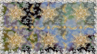 Raster altın pürüzsüz desen. Gri renklerde kusursuz desen. Doğu tarzı arabesk tarzında altın elementler. Kusursuz altın desenli bukleler..