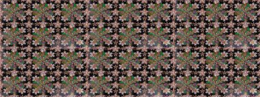 Raster illüstrasyonu. Çiçekli, suluboya desenli kusursuz çiçek deseni. Siyah renkli çiçekler. Renkli Bahar Temalı Kusursuz Arkaplan. Düz Çiçek Elementleri Tasarımı.