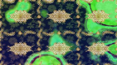 Noel Altın Kar Tanesi eskiz modeli. Kış kar dokusu duvar kağıdı. Sembol bayramı, yeni yıl kutlamaları, altın desenler. Yeşil renkte altın kar taneleri.