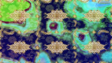 Parlak dantel, stilize çiçekler, şal desenli. Mavi renkler ve altın elementler üzerine çizim. Raster. Doğu tarzı arabesk. Hassas altın deseni açın. Altın desenli bukleler çiz.