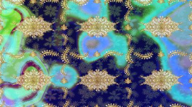 Mavi yerine altın rengi barok çiçekli eskiz deseni. Mavi renklerdeki altın element. Lüks, kraliyet ve Viktorya dönemi konsepti. Süslü raster dekorasyonu.