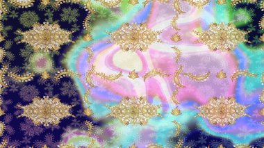 Raster Golden eskiz kalıbı. Düz elle çizilmiş klasik koleksiyon. Arkaplan, kumaş, altın duvar kağıdı. Altın elementlerle nötr renklerde altın desen.