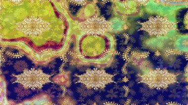 Çiçek süsü kumaş deseni, cam, altın elementli mavi renklerde çiçek desenli metal. Klasik Raster altın eskiz modeli..