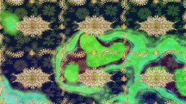 2019 Noel 'i, kar tanesi, yeni yıl. Altın elementli yeşil renkte klasik eskiz deseni.