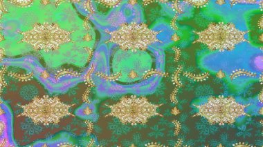 Duvar kâğıdı barok, İspanyol kumaşı. Yeşil renkte altın elementler. Çiçek deseni. Skeç raster arka planı. Şekil grafik deseni.