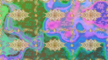 Eskiz kalıbı altın elementler. Kart, duvar kağıdı, ambalaj ve tekstil için klasik tasarım. Altın şablon. Klasik çiçek dokusu. Yeşil renkte Royal retro. Raster illüstrasyonu.