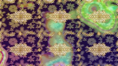 Hassas altın deseni açın. Kahverengi renkli ve altın elementli eskiz deseni. Altın desenli bukleler çiz. Raster sanatı. Doğu tarzı arabesk. Parlak dantel, stilize çiçekler, şal desenli.