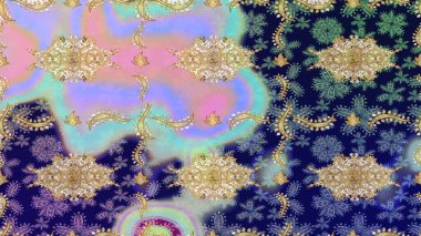 2019 Noel 'i, kar tanesi, yeni yıl. Altın elementli mavi renkte klasik eskiz deseni.