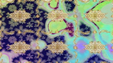 Damask çizim kalıbı arka planı tekrarlıyor. Antika altın tekrarlanabilir duvar kağıdı. Barok tarzında altın çiçek süsü. Tarafsız renklerde altın element.