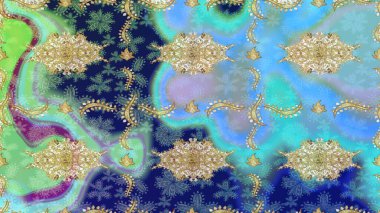 Çiçek desenli çizim. Duvar kâğıdı barok, İspanyol kumaşı. Skeç raster arka planı. Mavi renkler üzerine grafiksel modern çizim deseni.