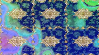 Çiçek kiremitleri. Altın elementlerle mavi renklerde altın desen. Raster altın tekstil baskısı. Eskiz desenli oryantal süs. İslam tasarımı.