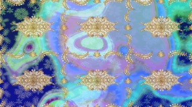 Raster Golden eskiz kalıbı. Altın elementlerle mavi renklerde altın desen. Düz elle çizilmiş klasik koleksiyon. Arkaplan, kumaş, altın duvar kağıdı.