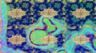 Altın şablonu çiz. Altın elementli mavi renkler. Raster altın çiçek süsü brokar kumaş ve cam desenli. Çiçek desenli altın metal..