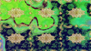 Yeşil renkler ve altın elementler üzerine çizim. Raster illüstrasyonu. Klasik klasik klasik arka plan. Geleneksel oryantasyon süsü. Klasik Raster altın desenini çiz.