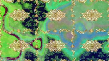 Raster illüstrasyonu. Çizim altın desenli bukleler. Altın elementli yeşil renkler. Doğu tarzı arabesk. Raster altın desen.