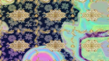 Klasik Raster Golden eskiz kalıbı. Çiçek süsü kumaş deseni, cam, çiçek desenli altın elementli, nötr renklerde metal..