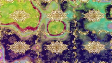 Tekrarlayan elementlerle soyut arkaplan oluşturun. Klasik altın desenli eskiz. Altın elementli yeşil renklerde altın eskiz deseni. Raster illüstrasyonu.