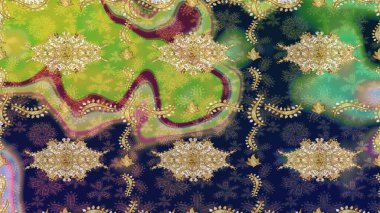 Geleneksel altın sarısı desenli yeşil renkli ve altın elementli. Barok tarzında eskiz doğulu süsü..