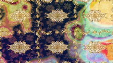 Altın desenli bukleler çiz. Hassas altın deseni açın. Doğu tarzı arabesk. Parlak dantel, stilize çiçekler, şal desenli. Raster sanatı. Bej renkler ve altın elementler üzerine çizim deseni.