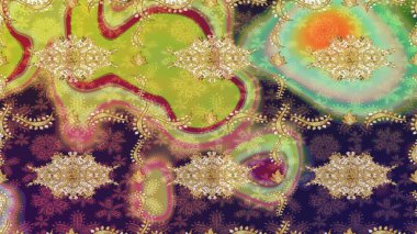 Kahverengi renkte desen. Kına dövmeli süs çiçekleri, altın çıkartmalar, mehndi ve yoga tasarımı, kartlar ve parmak izleri. Raster Golden Mehndi eskiz kalıbı.