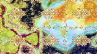 Çiçek süslemeli Raster eskiz deseni. Duvar kâğıdı için altın süslü bir illüstrasyon. Tarafsız renkler üzerine geleneksel Arapça dekor. Süslü dantel iz sürücü. Doğu tarzında vintage tasarım ögesi.