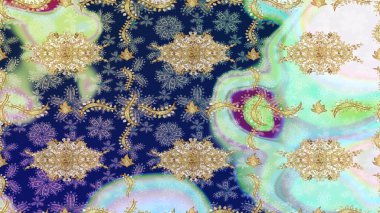 Süslü dekorasyon. Raster illüstrasyonu. Damask altın soyut çiçek deseni nötr renkler üzerine çizim.