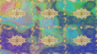 Doğum günü kartı, davetiye ya da afiş için iyidir. Raster illüstrasyonu. Dekoratif simetri arabesk. Tarafsız renklerde altın. Ortaçağ çiçek desenini çiz..