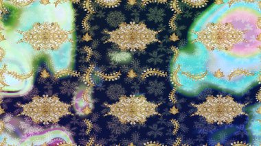 Doğu tarzı arabesk tarzında altın elementler. Raster Golden eskiz kalıbı. Çizim altın desenli bukleler. Mavi renkte çizim deseni.