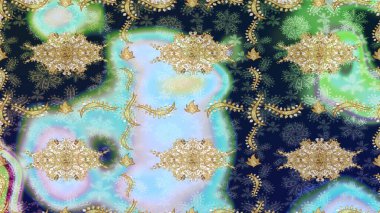 Damask altın soyut çiçek deseni mavi renkte. Süslü dekorasyon. Raster illüstrasyonu.