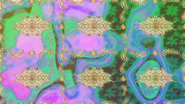 Yeşil renkler ve altın elementler üzerine çizim. Doğu tarzı arabesk. Altın desenli bukleler çiz. Hassas altın deseni açın. Raster sanatı. Parlak dantel, stilize çiçekler, şal desenli.