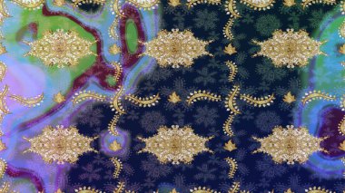 Raster Golden eskiz kalıbı. Arkaplan, kumaş, altın duvar kağıdı. Düz elle çizilmiş klasik koleksiyon. Altın elementlerle mavi renklerde altın desen.