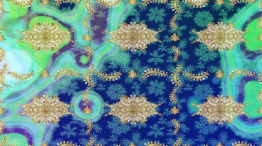 Altın elementli mavi renkler. Doğu tarzı arabesk. Çizim altın desenli bukleler. Raster illüstrasyonu. Raster altın desen.