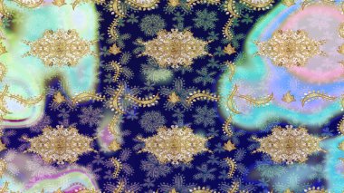 El yapımı dekoratif çerçeve, albüm kapağı, tebrik kartı, klasik Art deco tarzı. Raster soyut çiçek çelengi altın karalama fantezi yaprakları ve mavi renkli çiçek.