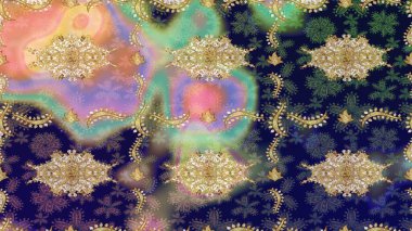 Altın elementli mavi renklerde altın eskiz deseni. Noel, kar tanesi, yeni yıl. Mavi renklerde altın elementli eskiz kalıbı.