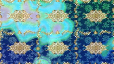 Damask eskiz süsü. Geleneksel raster ve altın desen. Klasik oryantal desen mavi renkler üzerinde.
