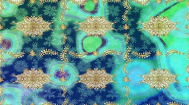 Senin tasarımın için, duvar kağıdı. Raster geometrik arka plan. Altın renkli çizim çizimi. Altın çiçekli mavi renklerde altın eskiz deseni.