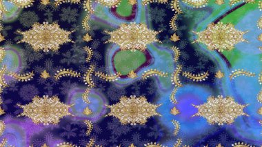 Altın karalama fantezi yapraklarından ve mavi renkli çiçeklerden Raster soyut çiçek çelengi. El yapımı dekoratif çerçeve, albüm kapağı, tebrik kartı, klasik Art deco tarzı.