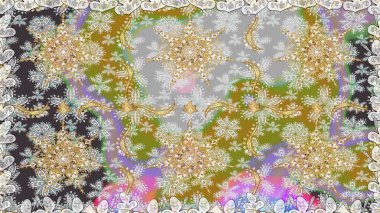 Gri renkli ve altın elementli altın desenli. Raster altın pürüzsüz desen. Arkaplan, kumaş, altın duvar kağıdı. Düz elle çizilmiş vintage koleksiyonu.