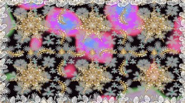 Tekrarlayan elementlerle soyut arkaplan oluşturun. Raster illüstrasyonu. Gri renkler ve altın elementler üzerinde altın pürüzsüz desen. Kusursuz, klasik altın desen..