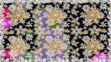 Kusursuz desenli oryantal süs. Raster altın tekstil baskısı. Çiçek kiremitleri. Gri renkli ve altın elementli altın desenli. İslam tasarımı.