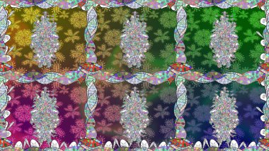 1950-1960 motifleri. Yeşil yeşile. Retro tekstil tasarım koleksiyonu. El çizimi çiçek unsurları olan soyut, dikişsiz raster deseni. Çiçekli ipek eşarp..