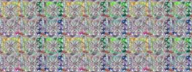 Raster - stok. Kusursuz bir arka plan modeli. Yapraklı çiçekler ve doğal renklerde papatya çiçekleri..