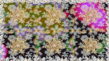 El yapımı dekoratif çerçeve, albüm kapağı, tebrik kartı, klasik Art deco tarzı. Raster soyut çiçek çelengi altın karalama fantezi yaprakları ve gri renkli çiçekler.