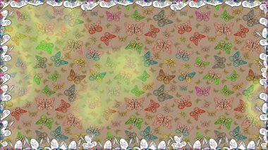 Elle çizilmiş illüstrasyon. Kelebeklerle kusursuz desen. Bahar ve yaz tasarımı için renkli bir arkaplan. Raster renklendirilmiş sonsuz doku.