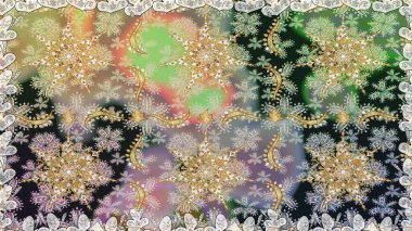 Altın antika ortaçağ dekoratifi, yapraklar ve gri renkli altın desenli süslemeleri olan pürüzsüz bir şablon. Kusursuz kraliyet lüksü, altın barok kumaş rengi..