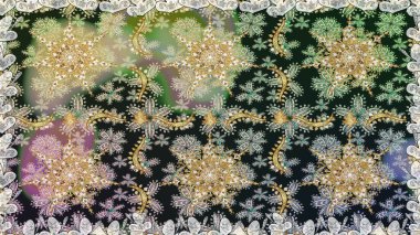 Raster illüstrasyonu. Gri renkli Royal retro. Altın şablon. Klasik çiçek dokusu. Kart, duvar kağıdı, ambalaj ve tekstil için klasik tasarım. Kusursuz desenli altın elementler.