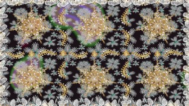 Doğum günü kartı, davetiye ya da afiş için iyidir. Dekoratif simetri arabesk. Gri renklerde altın. Kusursuz ortaçağ çiçek deseni. Raster illüstrasyonu.