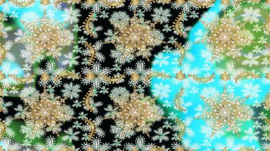 Raster illüstrasyonu. Kart, duvar kağıdı, ambalaj ve tekstil için klasik tasarım. Tarafsız renklerde Royal retro. Kusursuz desenli altın elementler. Altın şablon. Çiçeksel klasik doku.